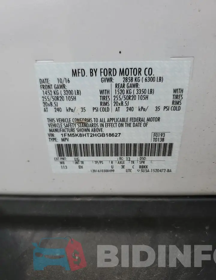 1FM5K8HT2HGB18627 Photo# 14