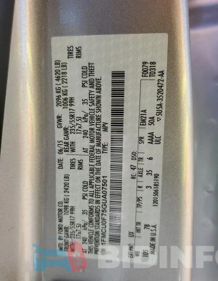 1FMCU0F75GUA07501 Photo# 13