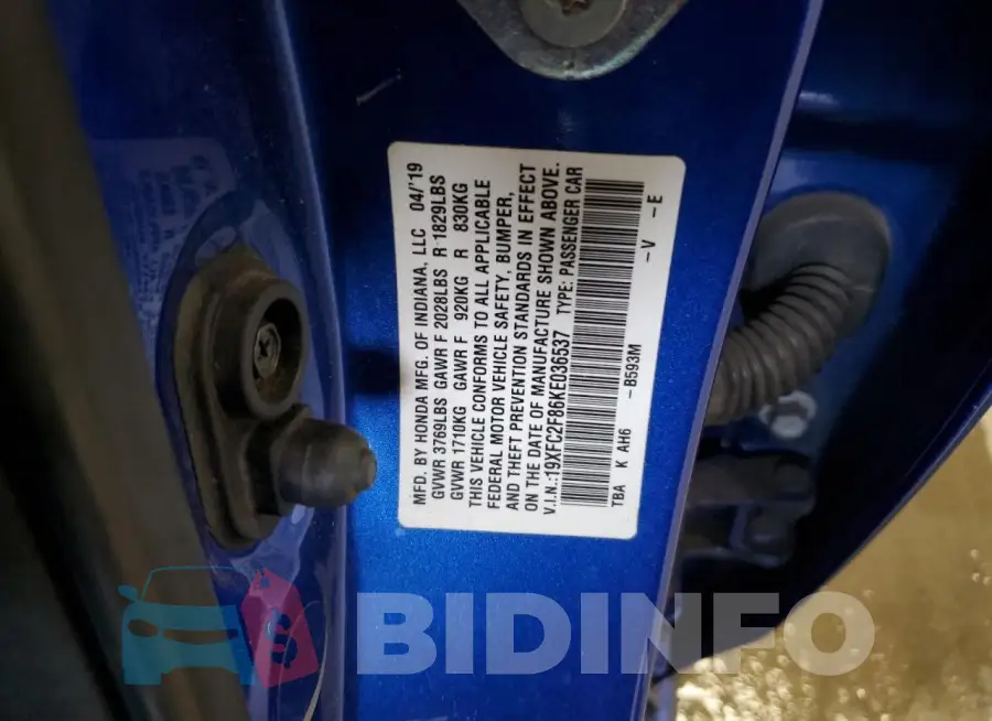 19XFC2F86KE036537 Photo# 12