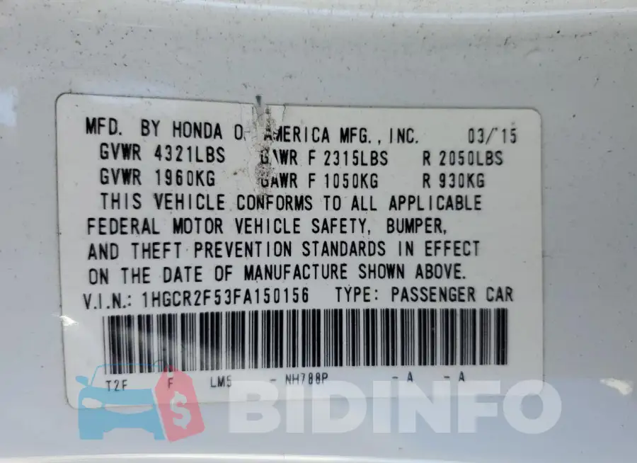 1HGCR2F53FA150156 Photo# 13