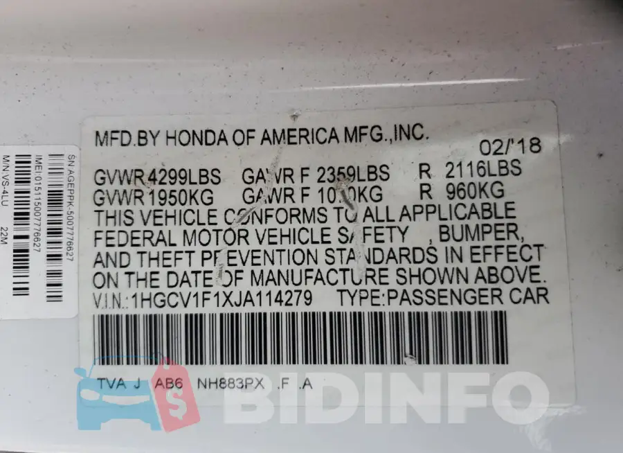1HGCV1F1XJA114279 Photo# 12