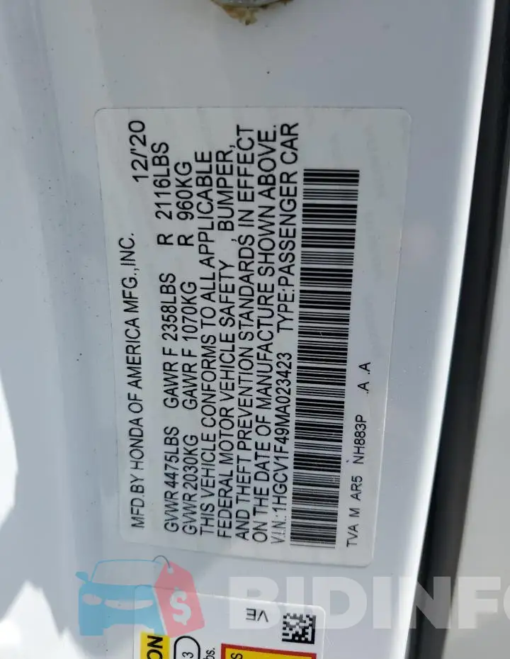 1HGCV1F49MA023423 Photo# 12