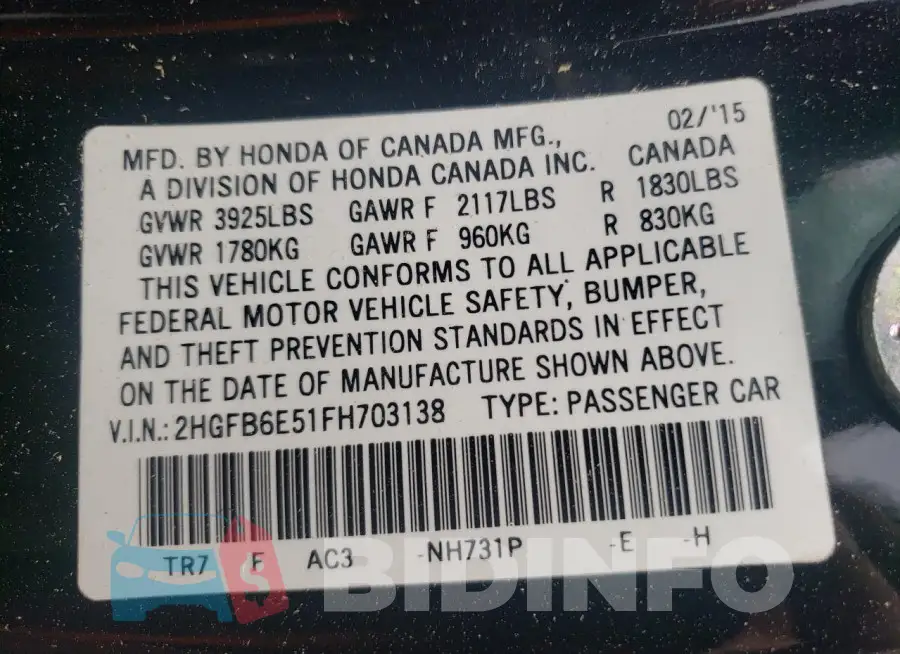 2HGFB6E51FH703138 Photo# 12