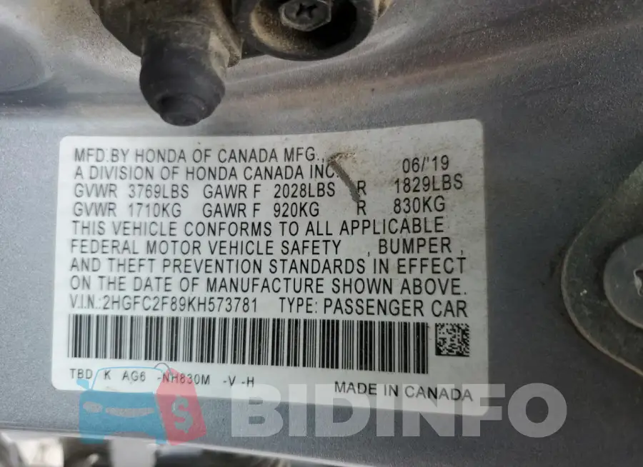 2HGFC2F89KH573781 Photo# 12