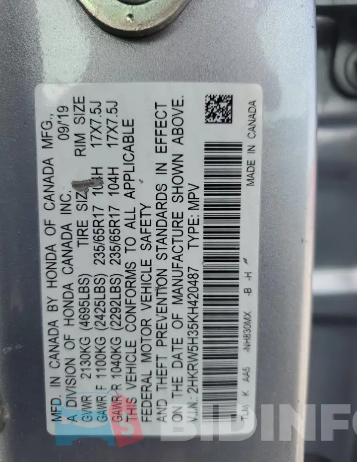 2HKRW5H35KH420487 Photo# 12
