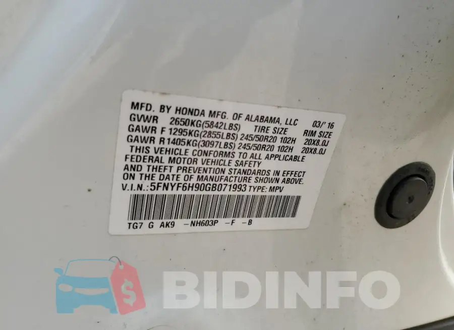 5FNYF6H90GB071993 Photo# 13
