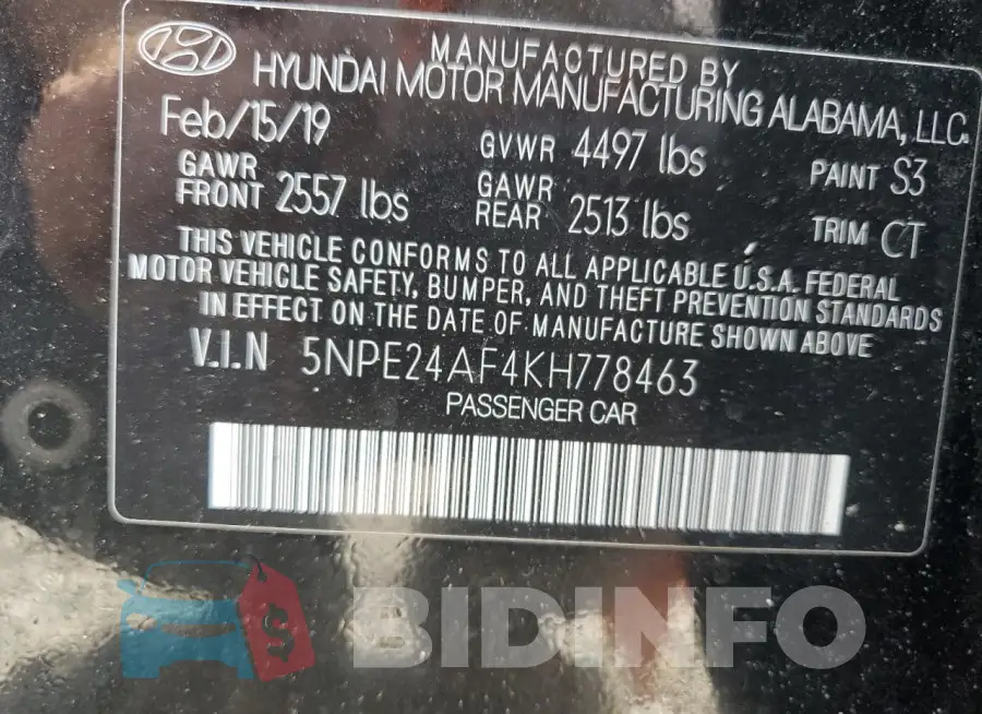 5NPE24AF4KH778463 Photo# 12