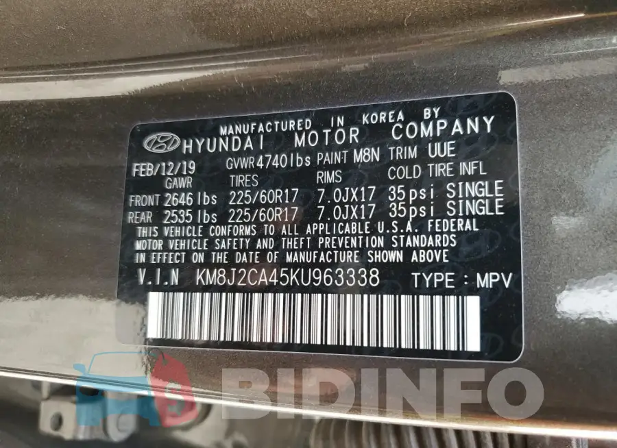 KM8J2CA45KU963338 Photo# 13