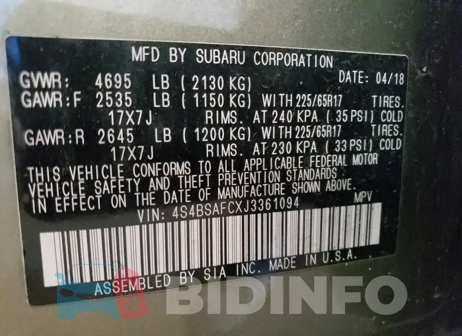 4S4BSAFCXJ3361094 Photo# 13