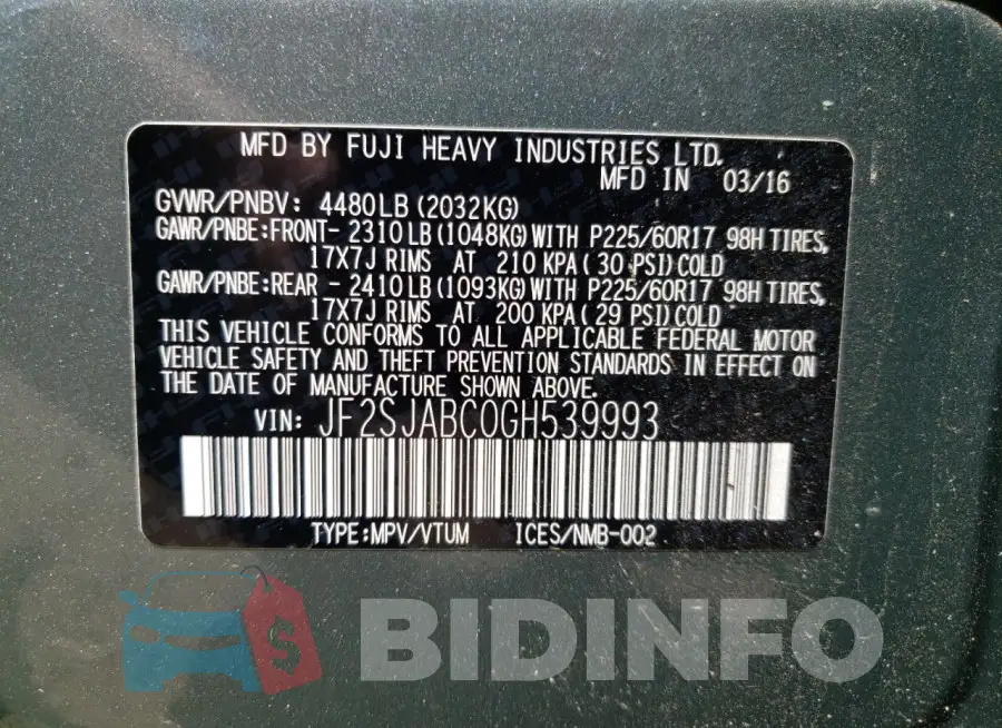 JF2SJABC0GH539993 Photo# 13