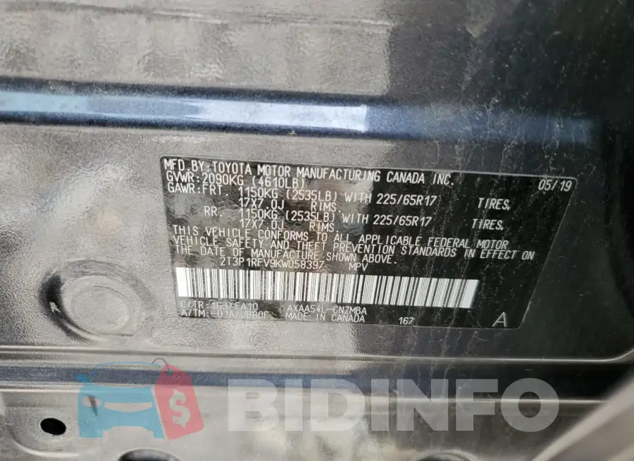 2T3P1RFV9KW058397 Photo# 13