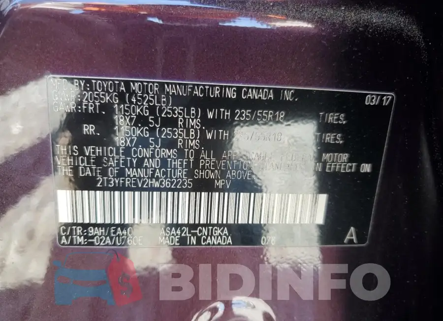2T3YFREV2HW362235 Photo# 12