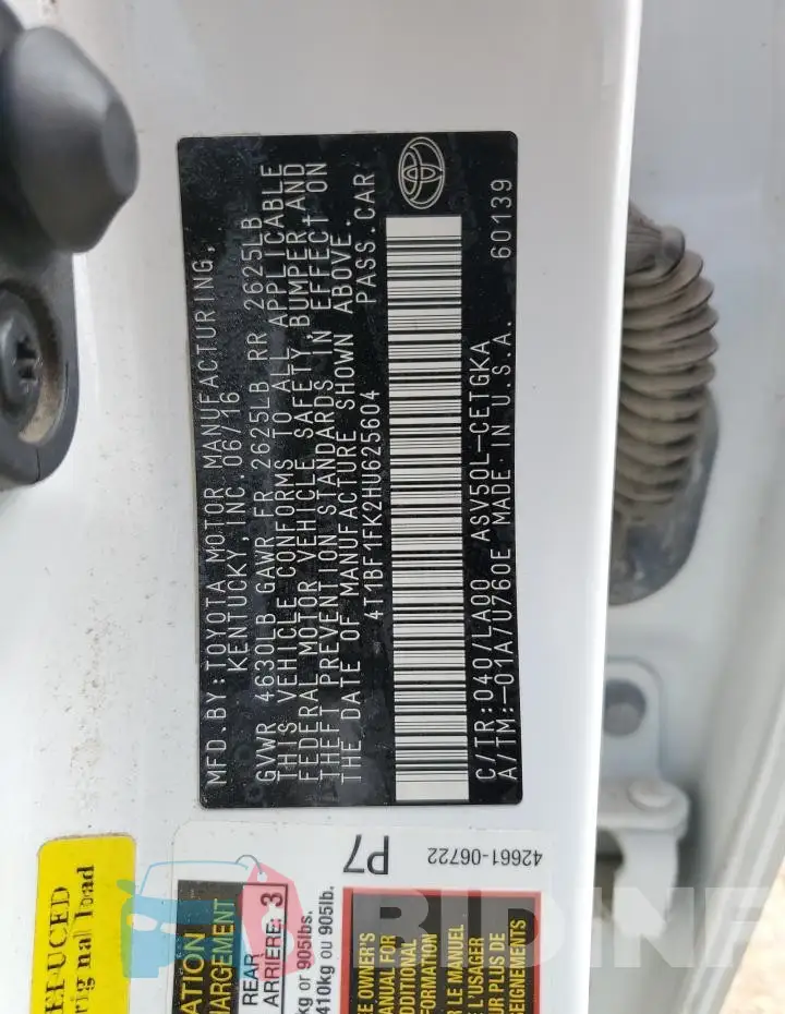 4T1BF1FK2HU625604 Photo# 13