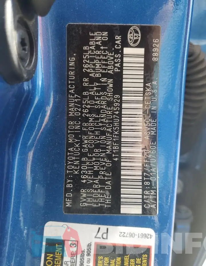 4T1BF1FK5HU745929 Photo# 12
