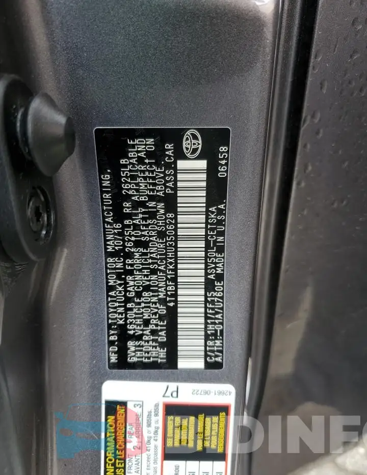 4T1BF1FKXHU350628 Photo# 12