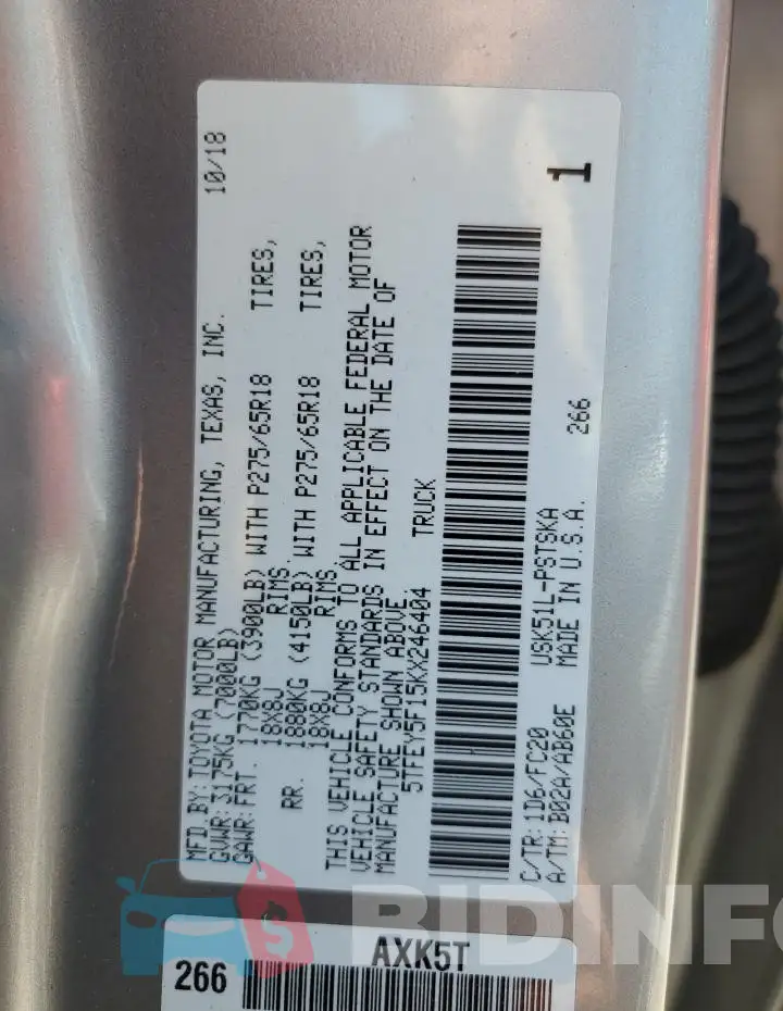 5TFEY5F15KX246404 Photo# 12