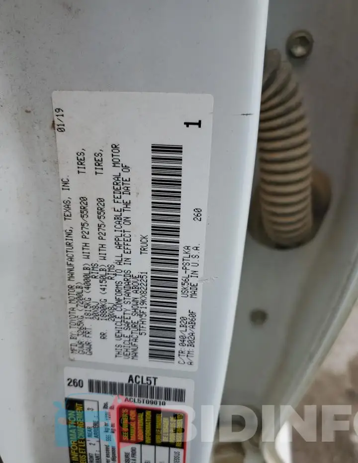 5TFHY5F19KX822251 Photo# 12