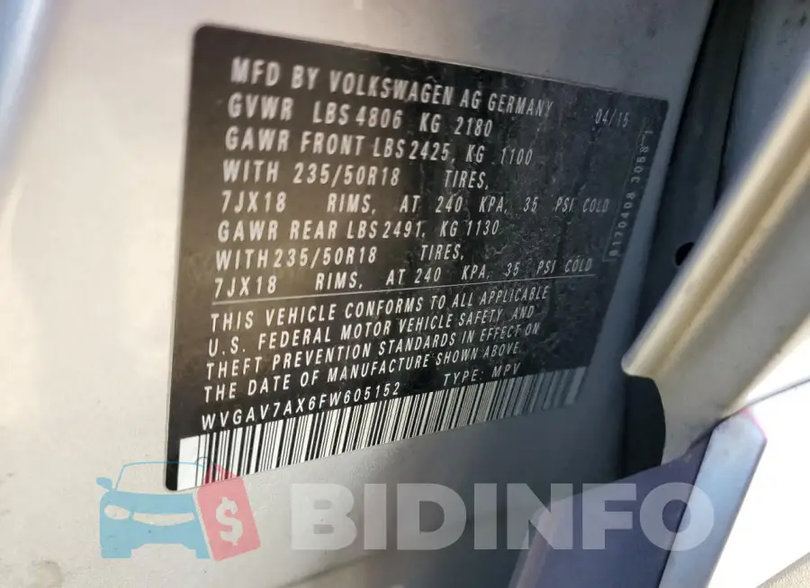 WVGAV7AX6FW605152 Photo# 13