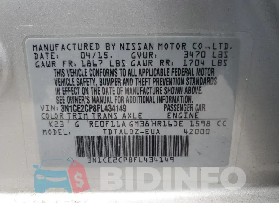 3N1CE2CP8FL434149 Photo# 12