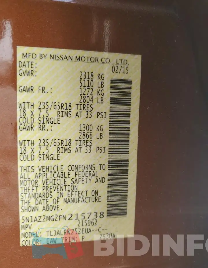 5N1AZ2MG2FN215738 Photo# 14
