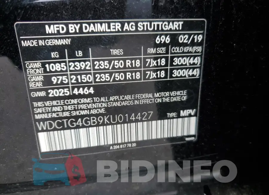 WDCTG4GB9KU014427 Photo# 13