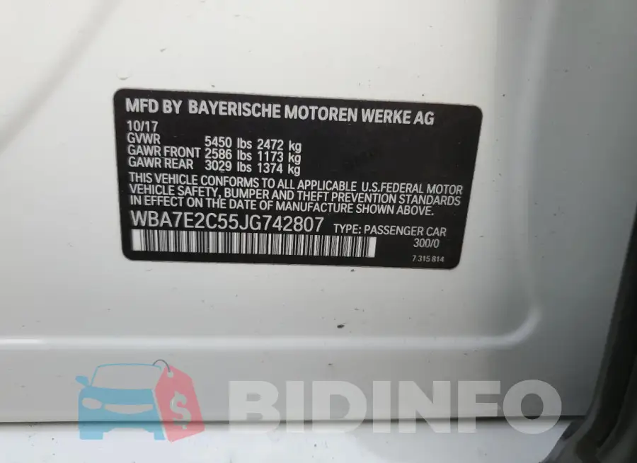 WBA7E2C55JG742807 Photo# 12