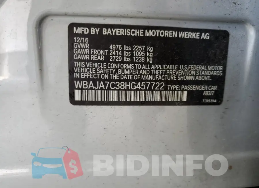 WBAJA7C38HG457722 Photo# 13