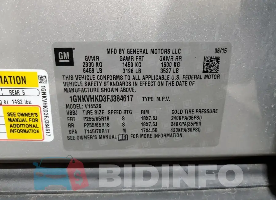 1GNKVHKD3FJ384617 Photo# 13