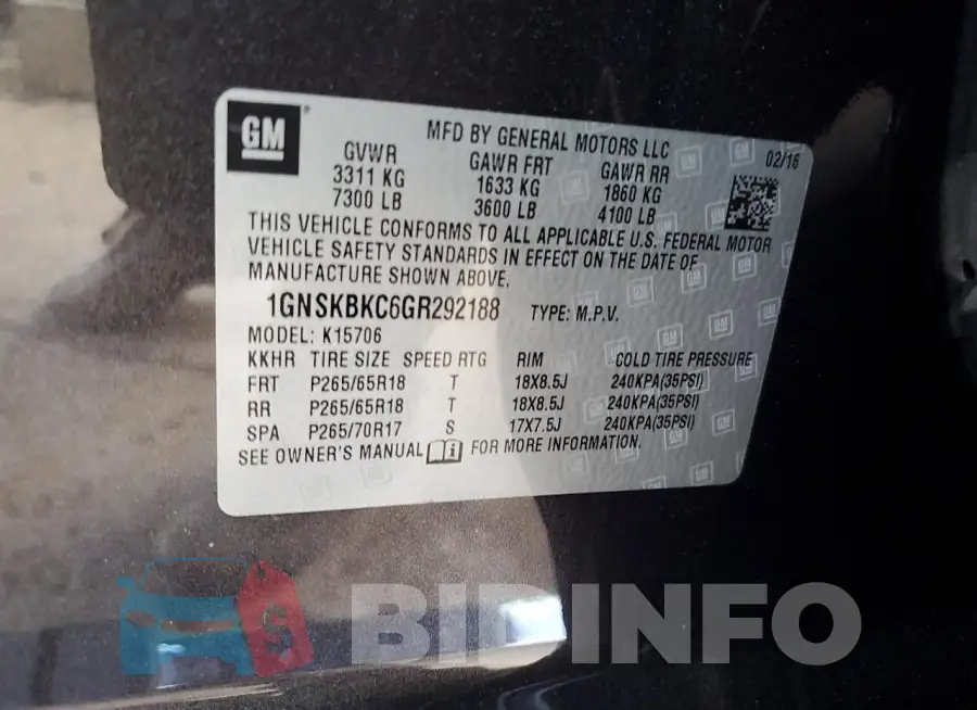 1GNSKBKC6GR292188 Photo# 12