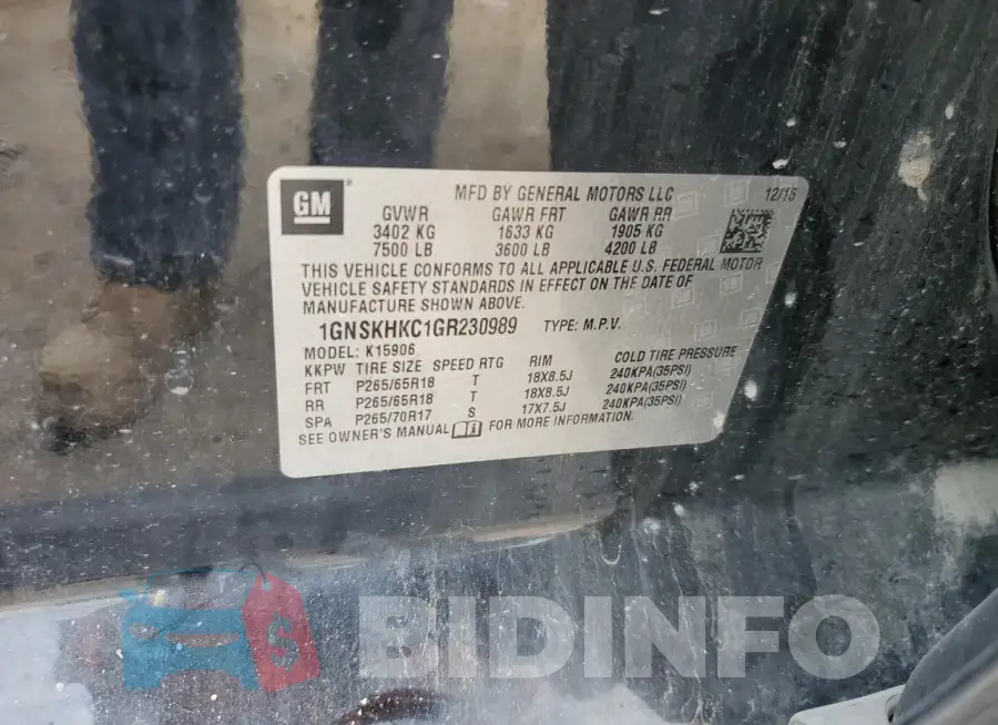 1GNSKHKC1GR230989 Photo# 13