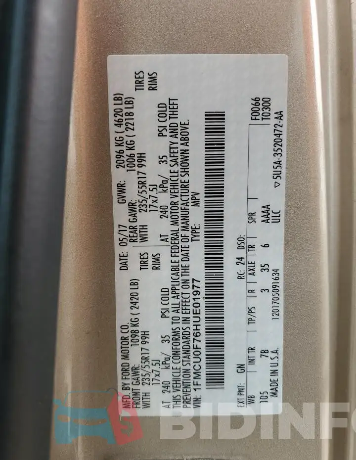 1FMCU0F76HUE01977 Photo# 13