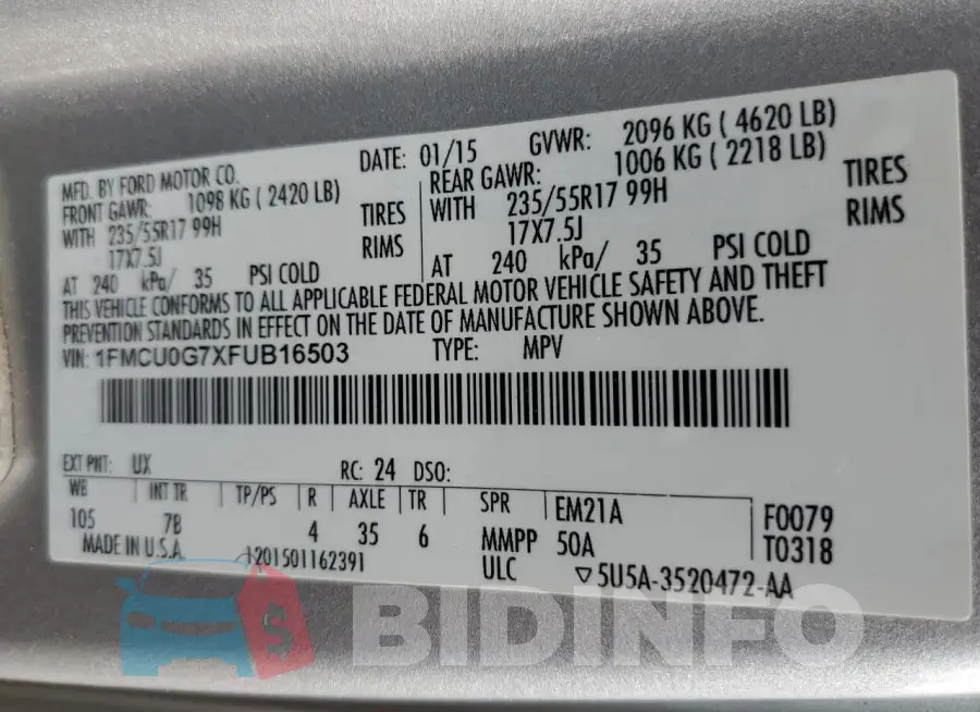 1FMCU0G7XFUB16503 Photo# 12