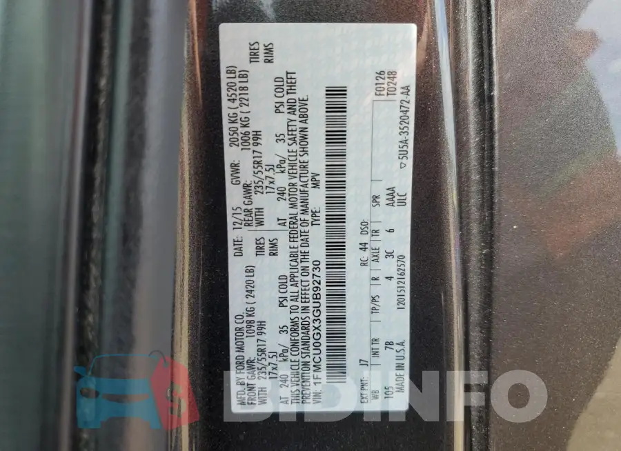 1FMCU0GX3GUB92730 Photo# 13