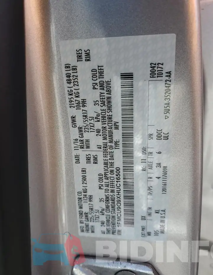 1FMCU9G9XHUC16500 Photo# 13