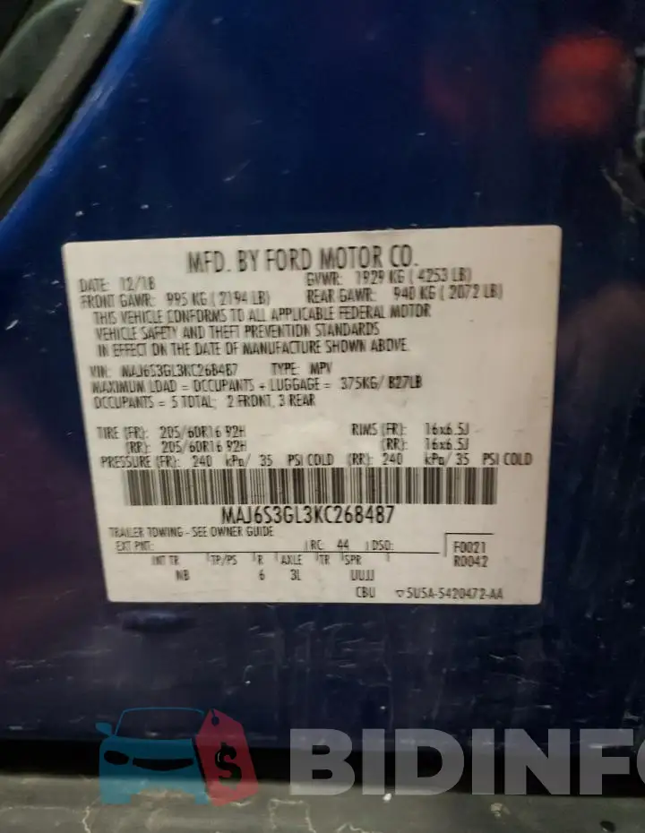 MAJ6S3GL3KC268487 Photo# 13