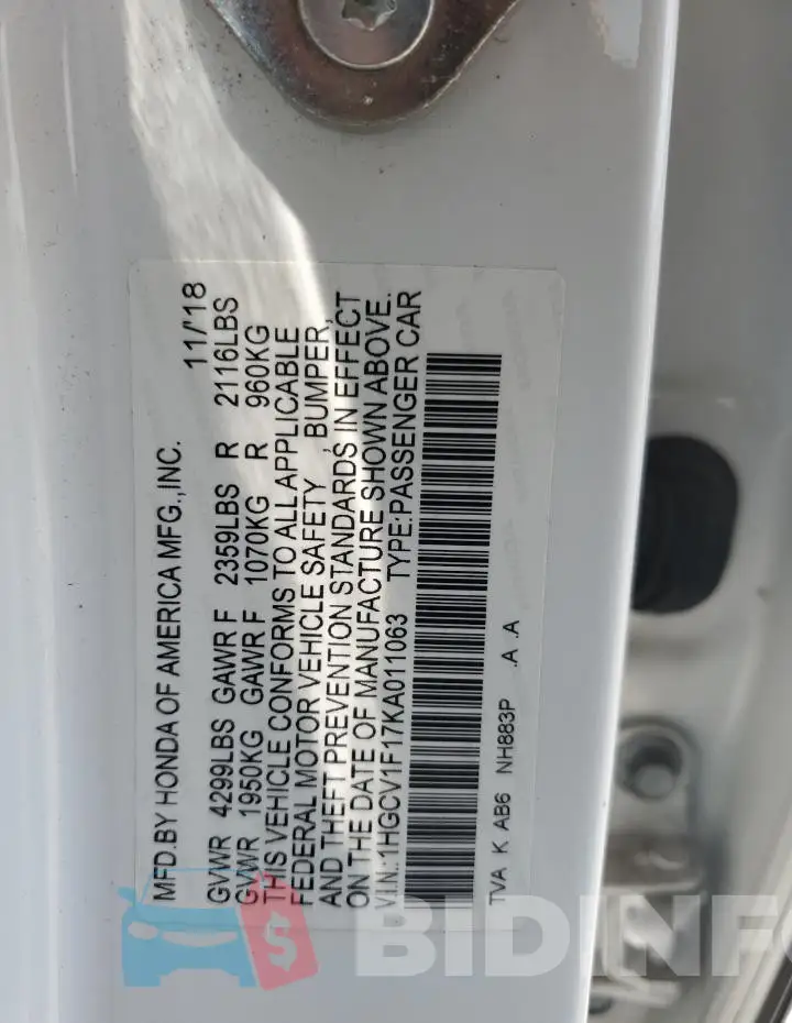 1HGCV1F17KA011063 Photo# 12