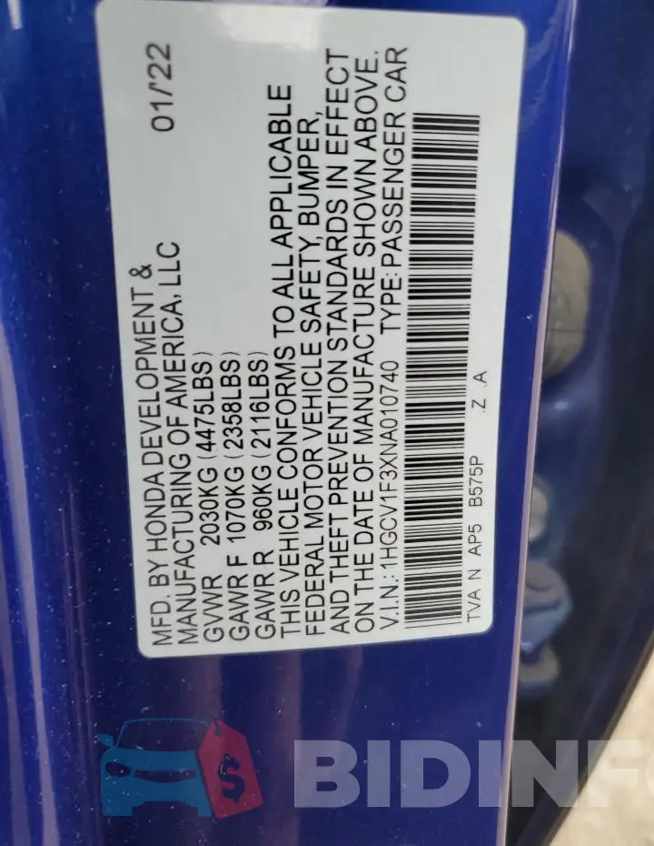 1HGCV1F3XNA010740 Photo# 13