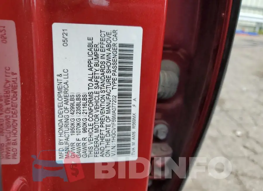 1HGCV1F59MA077202 Photo# 12