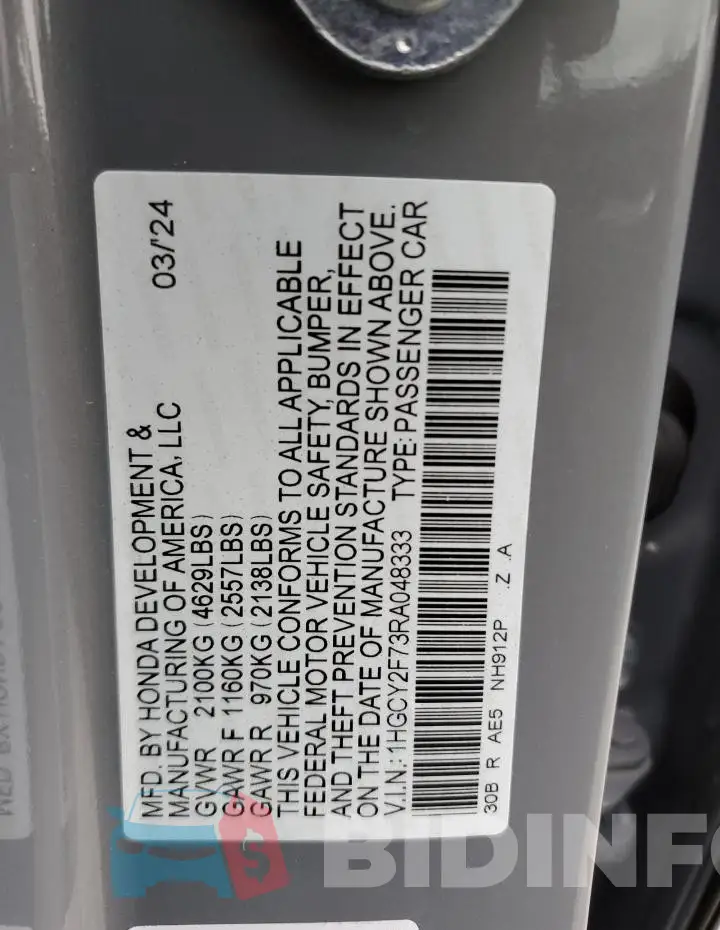 1HGCY2F73RA048333 Photo# 13