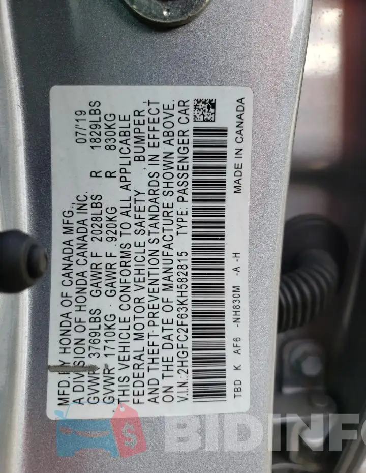 2HGFC2F63KH582815 Photo# 12