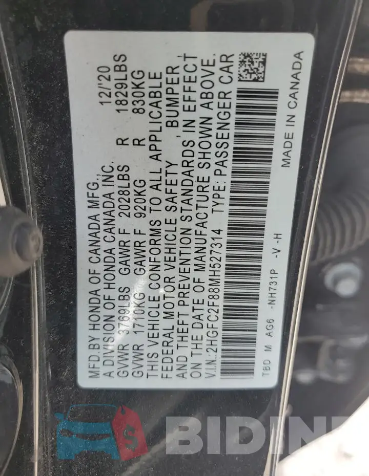 2HGFC2F88MH527314 Photo# 12