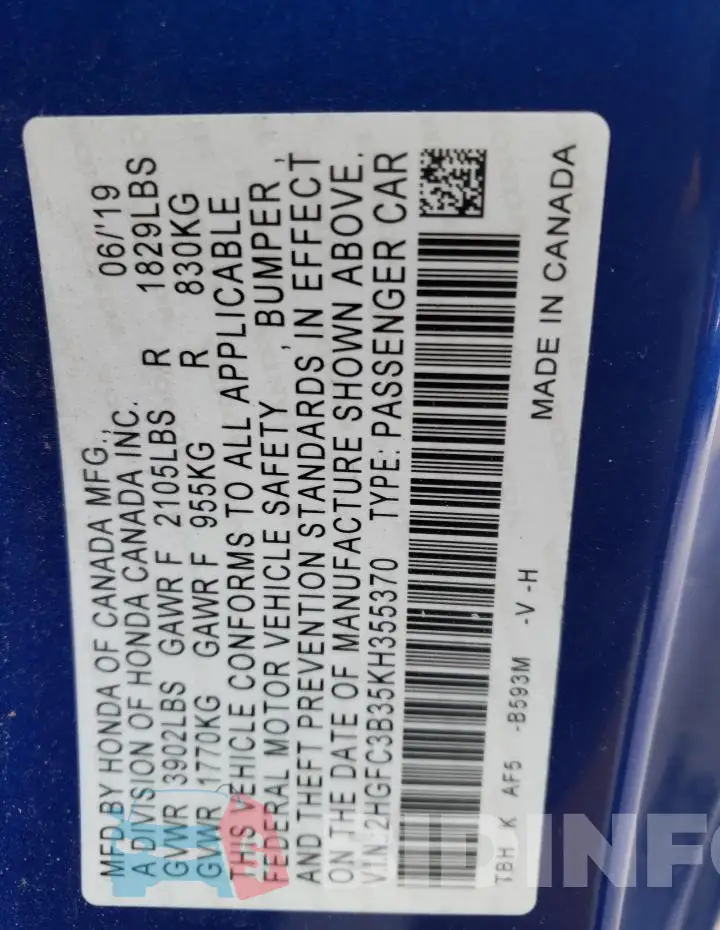 2HGFC3B35KH355370 Photo# 12