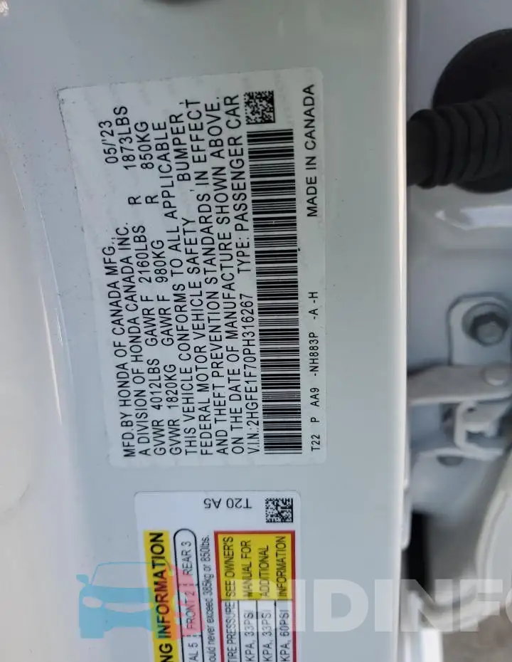 2HGFE1F70PH316267 Photo# 12