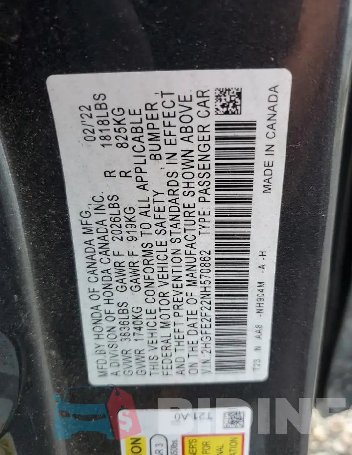 2HGFE2F22NH570862 Photo# 13