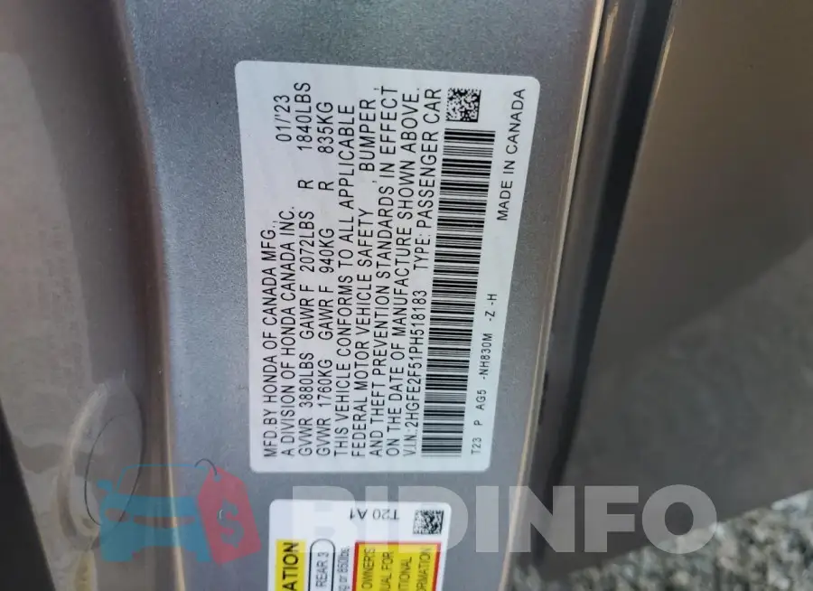 2HGFE2F51PH518183 Photo# 12