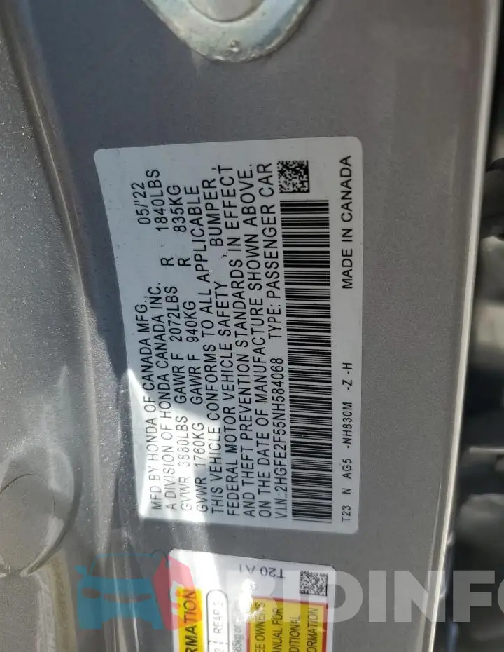 2HGFE2F55NH584068 Photo# 12