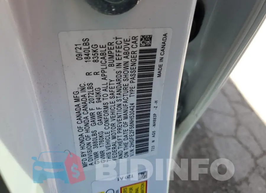 2HGFE2F56NH530424 Photo# 12