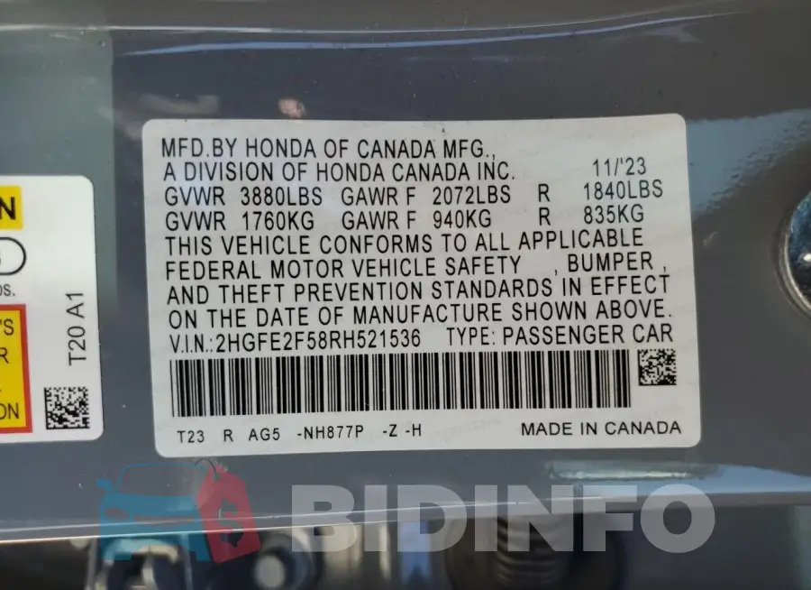2HGFE2F58RH521536 Photo# 13