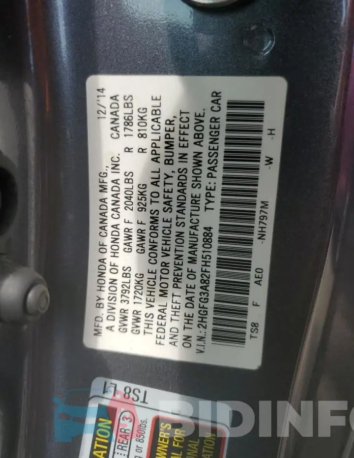 2HGFG3A82FH510884 Photo# 12