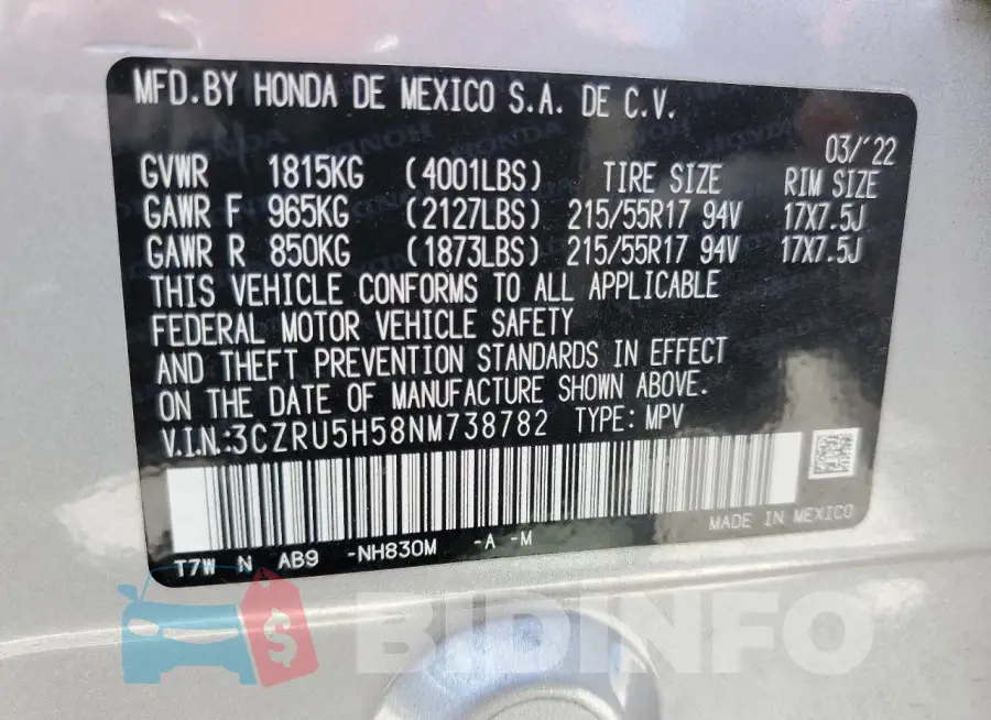 3CZRU5H58NM738782 Photo# 12